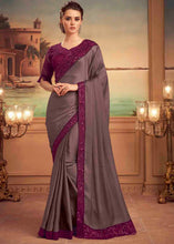 Load image into Gallery viewer, Greyish Purple Designer Embroidered Satin Silk Saree with Sequence work