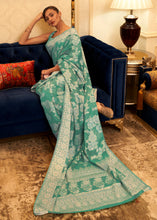 Load image into Gallery viewer, Caribbean Green Chikankari Weaving Banarasi Cotton Silk Saree