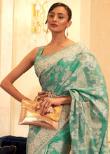 Load image into Gallery viewer, Caribbean Green Chikankari Weaving Banarasi Cotton Silk Saree