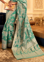 Load image into Gallery viewer, Caribbean Green Chikankari Weaving Banarasi Cotton Silk Saree