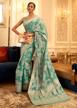 Load image into Gallery viewer, Caribbean Green Chikankari Weaving Banarasi Cotton Silk Saree