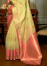 Load image into Gallery viewer, Light Lime Green Copper Zari Woven Linen Silk Saree