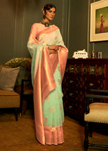 Load image into Gallery viewer, Mint Green Copper Zari Woven Linen Silk Saree