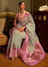 Load image into Gallery viewer, Light Blue Copper Zari Woven Linen Silk Saree