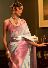 Load image into Gallery viewer, Light Blue Copper Zari Woven Linen Silk Saree