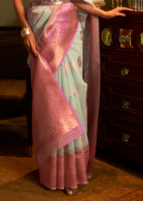 Load image into Gallery viewer, Light Blue Copper Zari Woven Linen Silk Saree