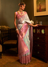 Load image into Gallery viewer, Light Blue Copper Zari Woven Linen Silk Saree