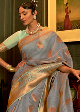 Load image into Gallery viewer, Lead Grey Copper Zari Woven Linen Silk Saree