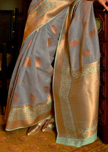 Load image into Gallery viewer, Lead Grey Copper Zari Woven Linen Silk Saree