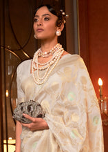 Load image into Gallery viewer, Ivory White Woven Banarasi Silk Saree with Tassels on Pallu