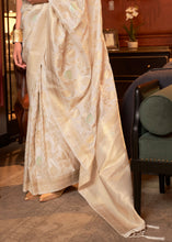 Load image into Gallery viewer, Ivory White Woven Banarasi Silk Saree with Tassels on Pallu
