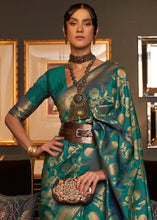 Load image into Gallery viewer, Pine Green Woven Banarasi Silk Saree with Tassels on Pallu