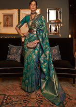 Load image into Gallery viewer, Pine Green Woven Banarasi Silk Saree with Tassels on Pallu