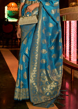 Load image into Gallery viewer, Cerulean Blue Handloom Woven Banarasi Silk Saree