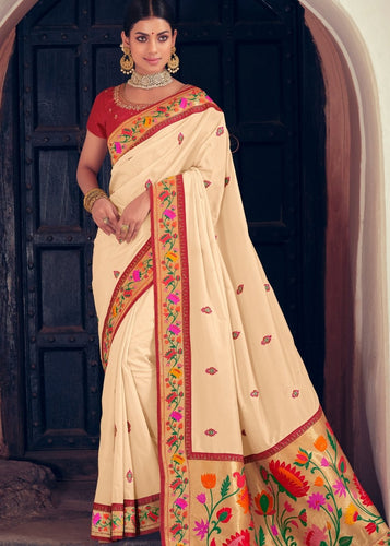 Cream White Woven Paithani Banarasi Silk Saree with Swarovski work & Embroidered Blouse