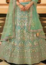 Load image into Gallery viewer, Turquoise Blue Organza Lehenga Choli with Zari, Dori, Resham, Gota &amp; Zarkan work