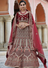 Laden Sie das Bild in den Galerie-Viewer, Maroon Red Velvet Lehenga Choli Having Heavy Embroidery &amp; Hand work: Bridal Edition