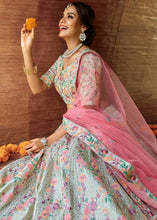 Load image into Gallery viewer, Light Caribbean Green Satin Lehenga Choli with Sequins, Swarvoski, Resham &amp; Zarkan work