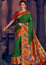 Load image into Gallery viewer, Dark Green Woven Paithani Silk Saree with Floral Motif Zari Border