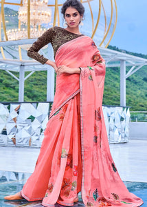 Punch Pink Floral Handprinted Organza Silk Saree