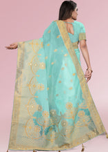 Cargar imagen en el visor de la galería, Aqua Blue Zari Woven Silk Saree with Tassels on Pallu