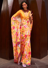 Load image into Gallery viewer, Saffron Yellow Floral Printed Satin Crepe Saree