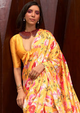 Load image into Gallery viewer, Saffron Yellow Floral Printed Satin Crepe Saree