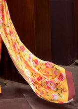 Load image into Gallery viewer, Saffron Yellow Floral Printed Satin Crepe Saree