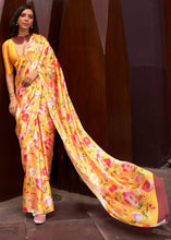 Load image into Gallery viewer, Saffron Yellow Floral Printed Satin Crepe Saree
