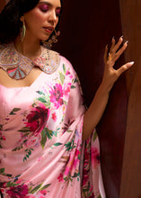 Load image into Gallery viewer, Baby Pink Floral Printed Satin Crepe Saree