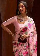 Load image into Gallery viewer, Baby Pink Floral Printed Satin Crepe Saree