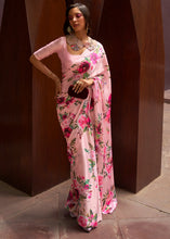 Load image into Gallery viewer, Baby Pink Floral Printed Satin Crepe Saree