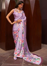 Load image into Gallery viewer, Lavender Purple Floral Printed Satin Crepe Saree