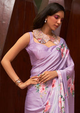 Load image into Gallery viewer, Lavender Purple Floral Printed Satin Crepe Saree