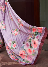 Load image into Gallery viewer, Lavender Purple Floral Printed Satin Crepe Saree