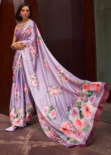 Load image into Gallery viewer, Lavender Purple Floral Printed Satin Crepe Saree