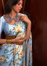 Load image into Gallery viewer, Cornflower Blue Floral Printed Satin Crepe Saree