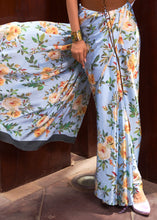 Load image into Gallery viewer, Cornflower Blue Floral Printed Satin Crepe Saree