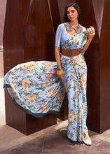 Load image into Gallery viewer, Cornflower Blue Floral Printed Satin Crepe Saree