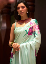 Load image into Gallery viewer, Mint Green Floral Printed Satin Crepe Saree