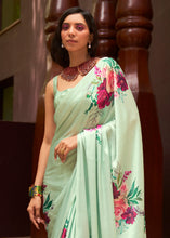 Load image into Gallery viewer, Mint Green Floral Printed Satin Crepe Saree