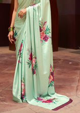Load image into Gallery viewer, Mint Green Floral Printed Satin Crepe Saree