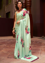 Load image into Gallery viewer, Mint Green Floral Printed Satin Crepe Saree