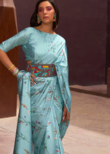 Load image into Gallery viewer, Frost Blue Floral Printed Satin Crepe Saree