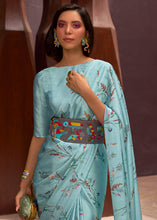 Load image into Gallery viewer, Frost Blue Floral Printed Satin Crepe Saree