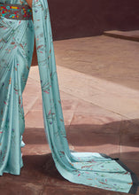 Load image into Gallery viewer, Frost Blue Floral Printed Satin Crepe Saree