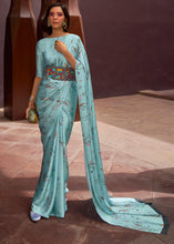 Load image into Gallery viewer, Frost Blue Floral Printed Satin Crepe Saree