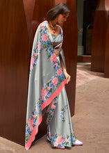 Load image into Gallery viewer, Metal Grey Floral Printed Satin Crepe Saree