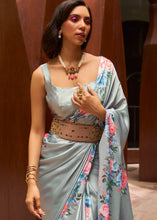 Load image into Gallery viewer, Metal Grey Floral Printed Satin Crepe Saree
