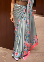 Load image into Gallery viewer, Metal Grey Floral Printed Satin Crepe Saree
